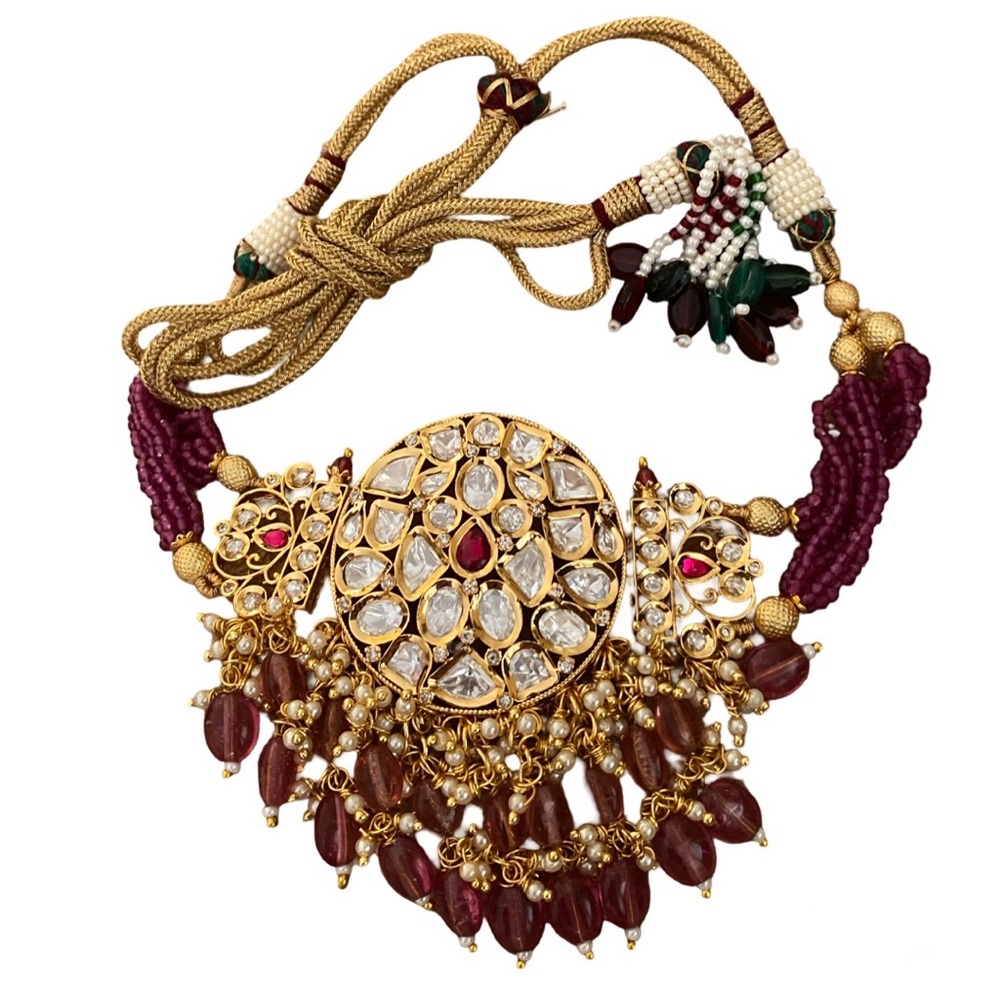 Gold and Ruby Kundan Polki Statement Choker Indian Wedding Necklace Earrings Set